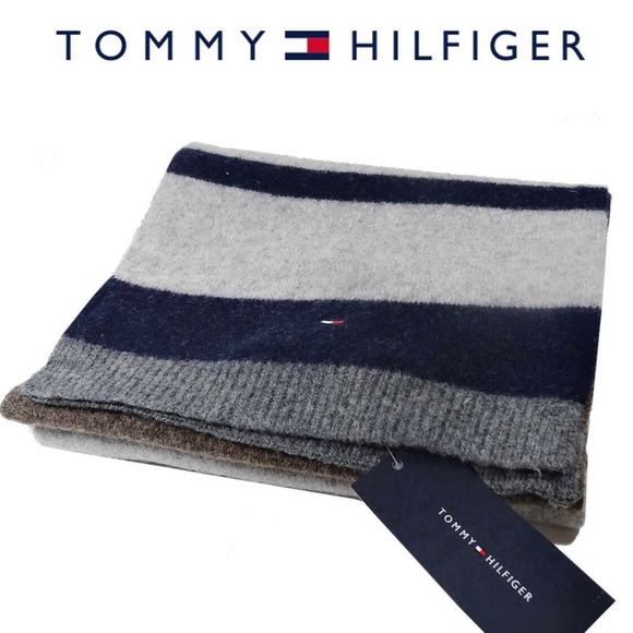 Tommy Hilfiger Mens Logo Scarf Silver Grey Brown - Picture 1 of 3